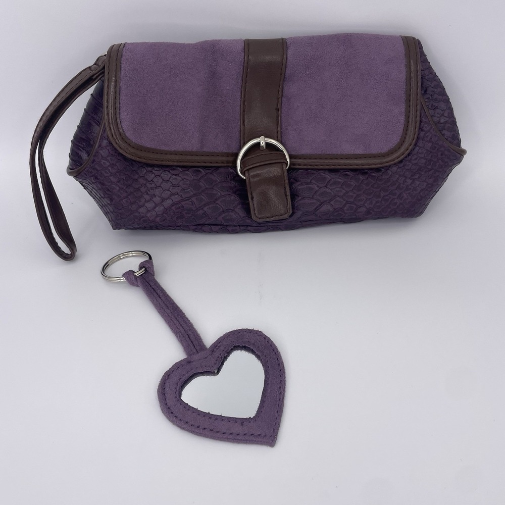 Vintage Faux Snakeskin Suede Wristlet Bag Purple-Brown Trim-Heart Charm Y2K Goth